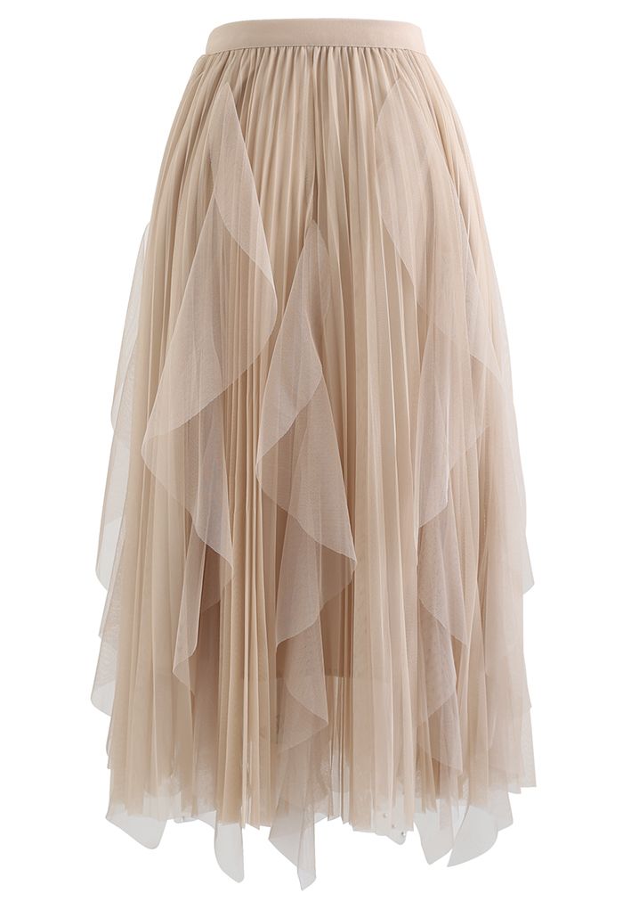 Scattered Bead Decor Pleated Tulle Skirt in Tan