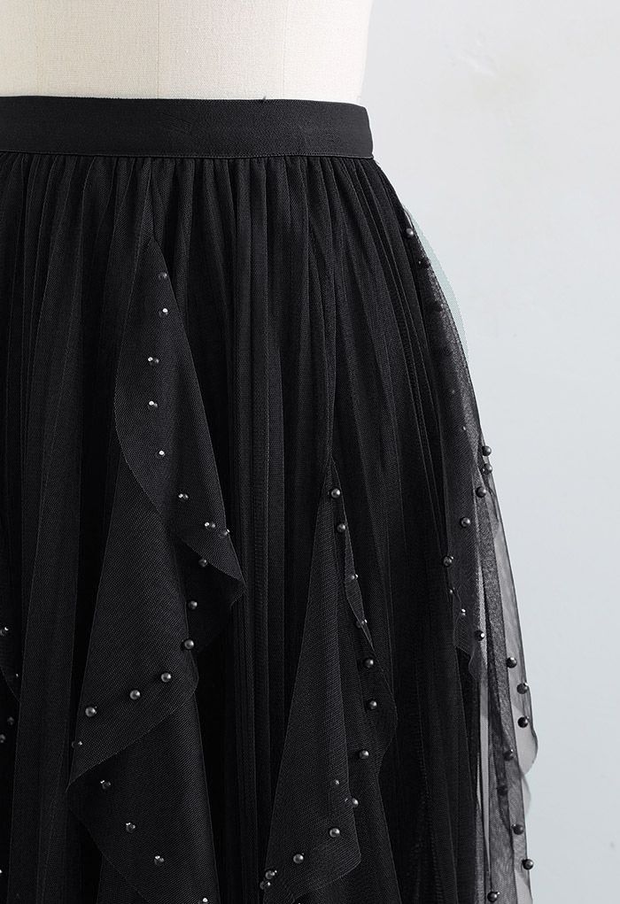Scattered Bead Decor Pleated Tulle Skirt in Black