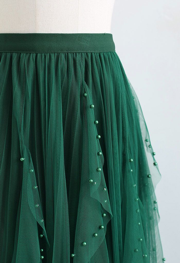 Scattered Bead Decor Pleated Tulle Skirt in Green