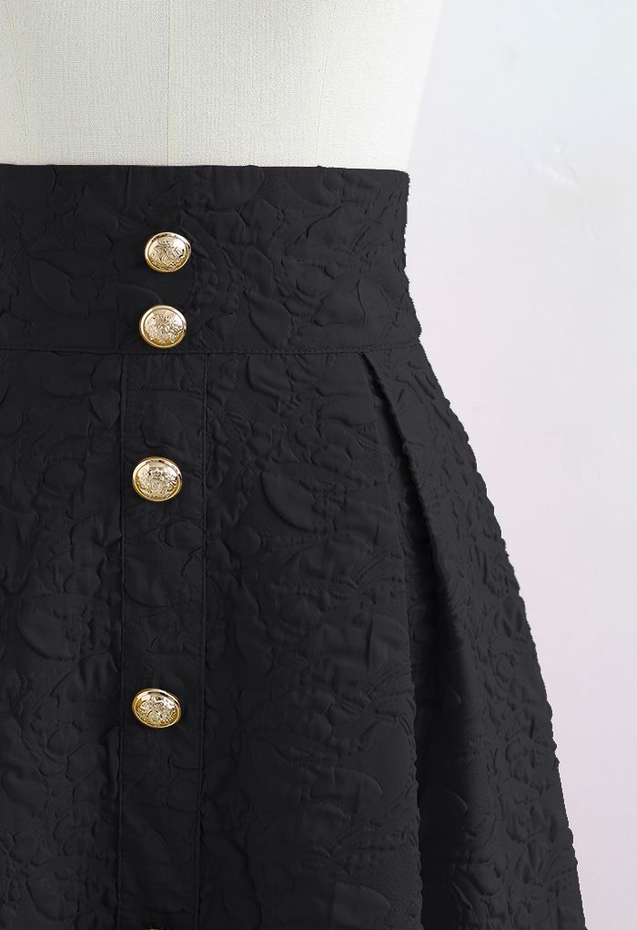 High Waist Button Down Embossed Midi Skirt in Black