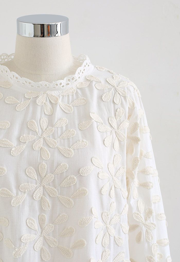 3D Blossom Puff Sleeve Embroidered Cotton Top in Cream