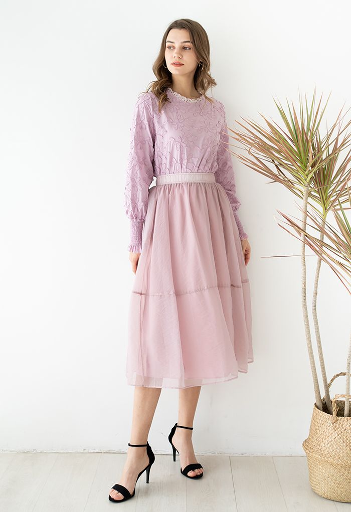 Pastel Color Organza A-Line Midi Skirt in Lilac