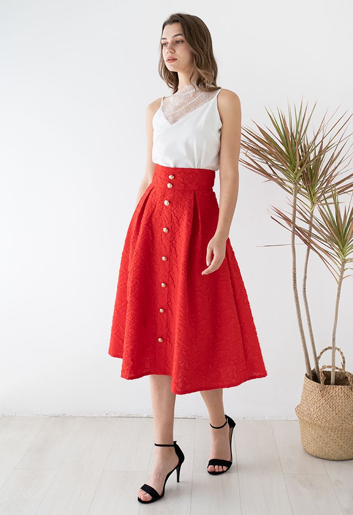 High Waist Button Down Embossed Midi Skirt in Red