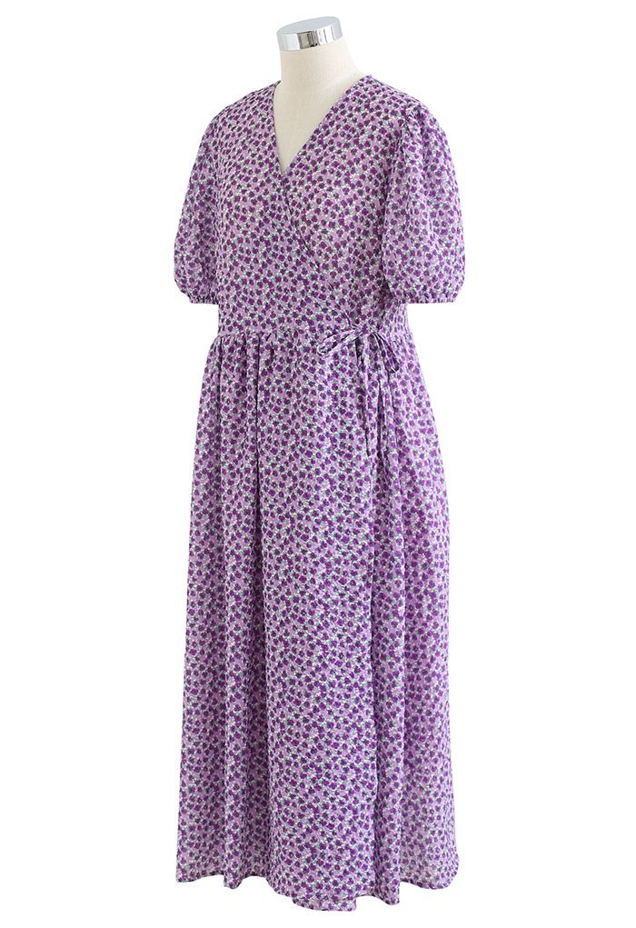 Enthralling Floret Embossed Wrap Midi Dress in Purple - Retro, Indie ...