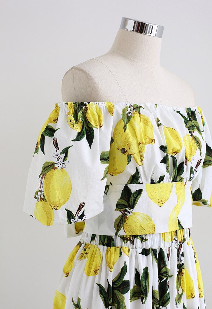 Off-Shoulder Bowknot Crop Top and Flare Skirt Set in Lemon Print