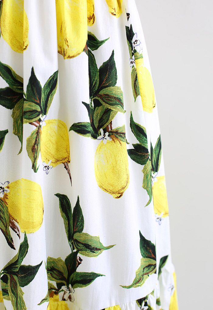 Off-Shoulder Bowknot Crop Top and Flare Skirt Set in Lemon Print