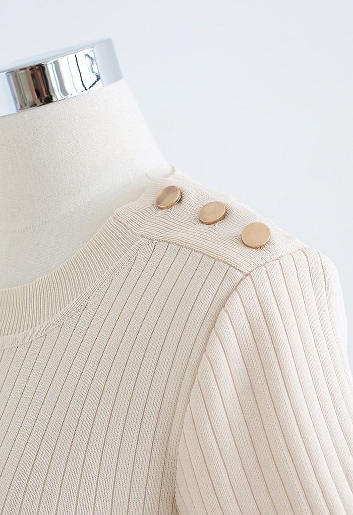 Golden Button Stretchy Knit Dress in Cream