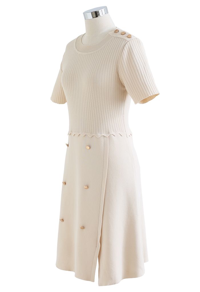 Golden Button Stretchy Knit Dress in Cream
