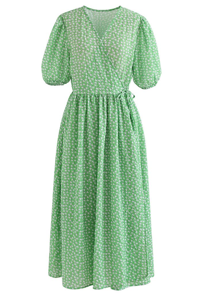 Enthralling Floret Embossed Wrap Midi Dress in Green
