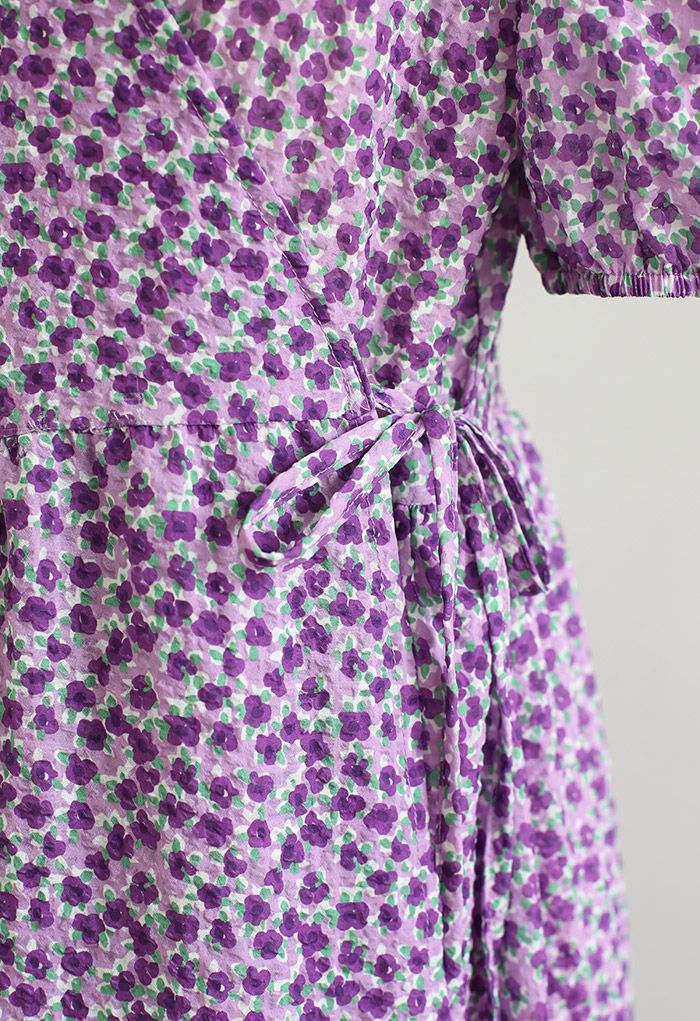Enthralling Floret Embossed Wrap Midi Dress in Purple