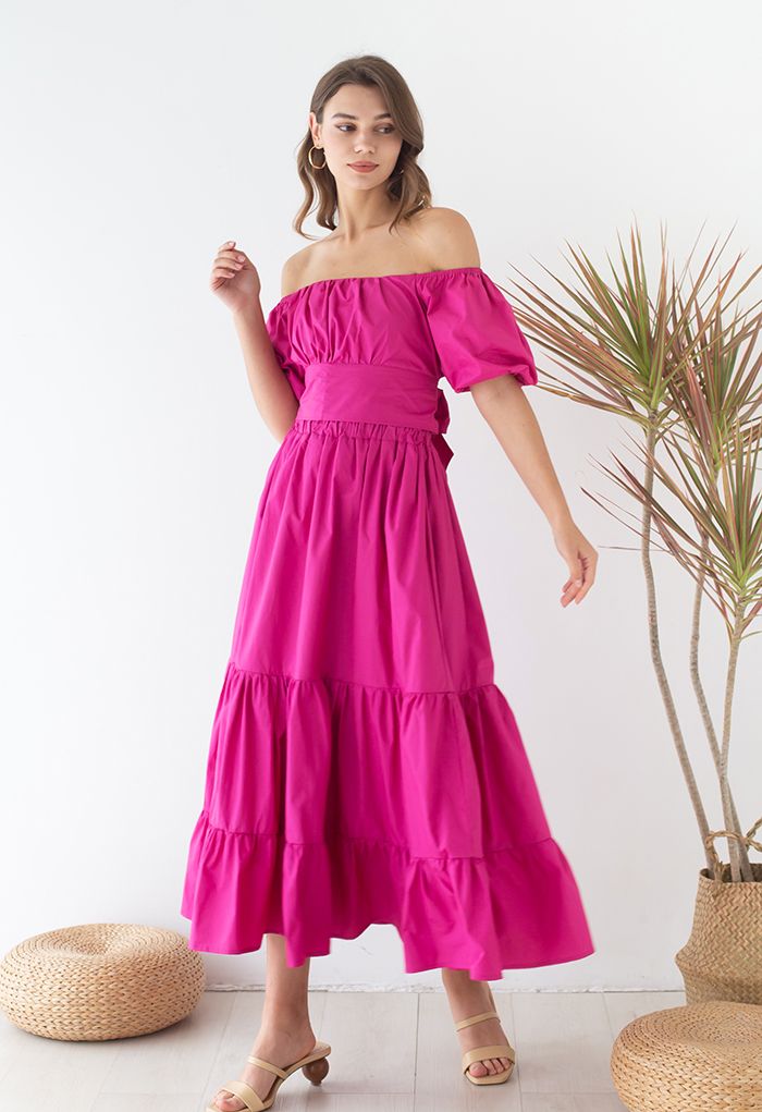 Off-Shoulder Bowknot Crop Top and Flare Skirt Set in Magenta