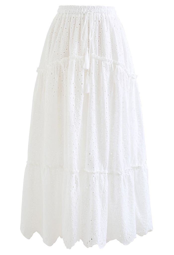 Frill Hem Broderie Cotton Midi Skirt in White