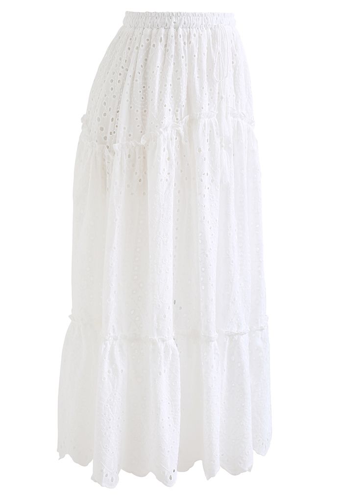 Frill Hem Broderie Cotton Midi Skirt in White - Retro, Indie and Unique ...