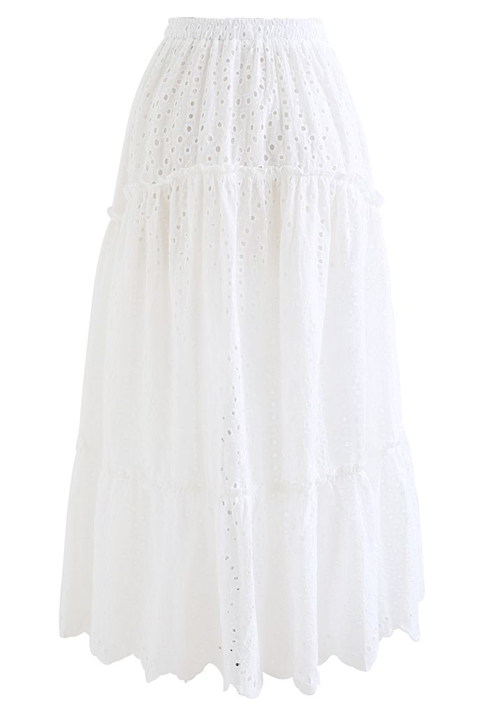 Frill Hem Broderie Cotton Midi Skirt in White - Retro, Indie and Unique ...