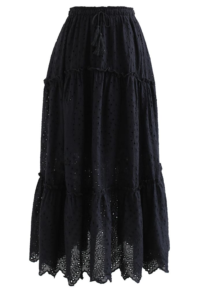 Frill Hem Broderie Cotton Midi Skirt in Black - Retro, Indie and Unique ...