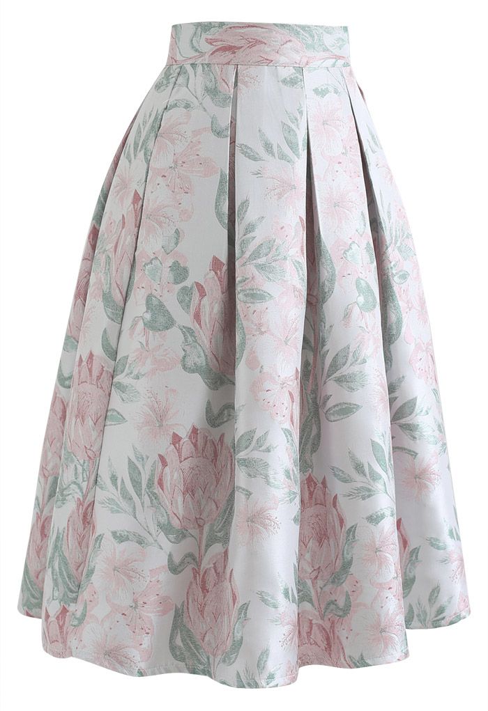 Budding Flowers Pleated Jacquard Midi Skirt