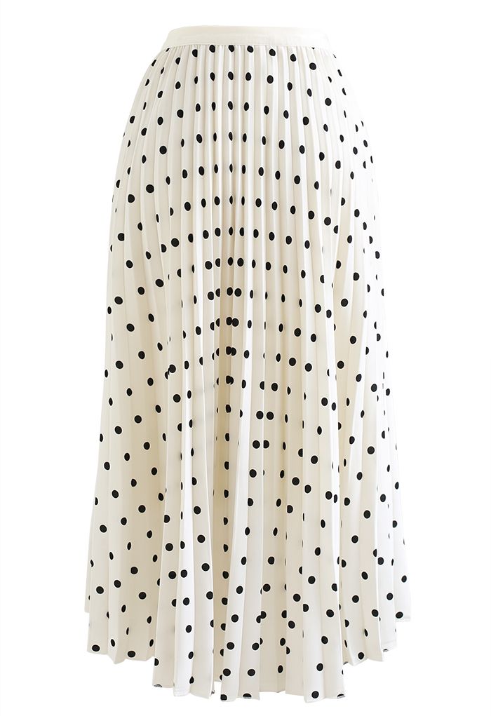 Dot Print Smooth Pleated Midi Skirt in Ivory