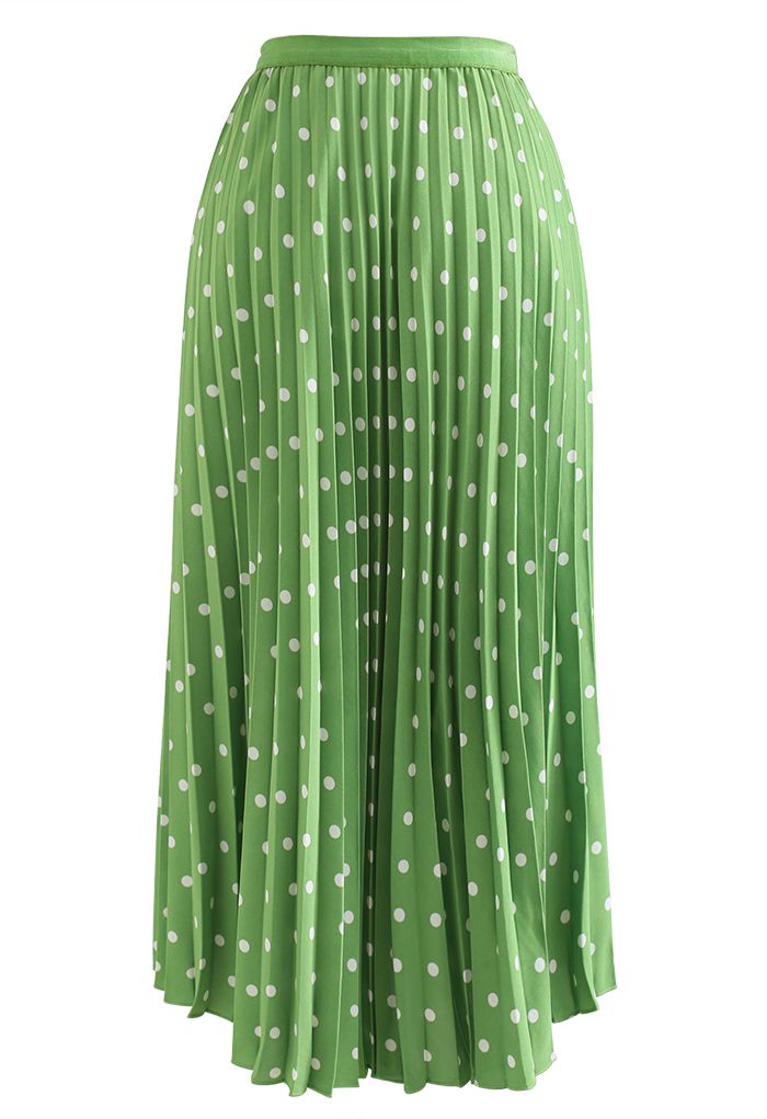 Dot Print Smooth Pleated Midi Skirt in Green