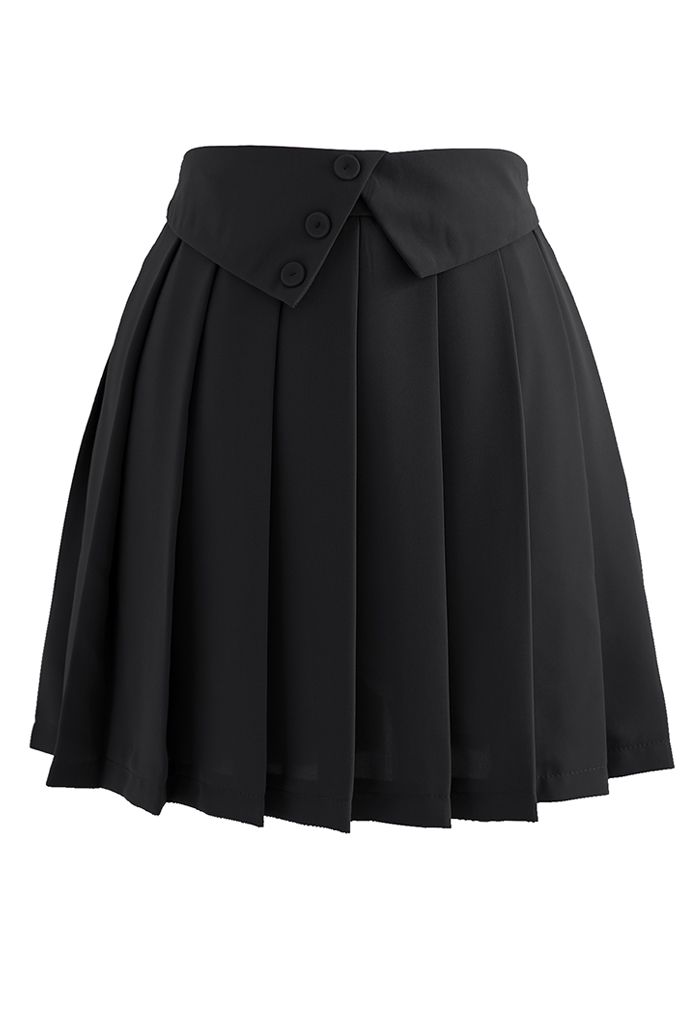 Buttoned Folded Waist Pleated Mini Skirt in Black - Retro, Indie and ...