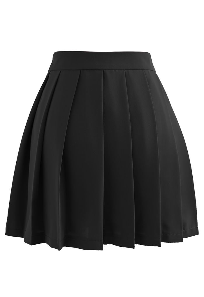Buttoned Folded Waist Pleated Mini Skirt in Black - Retro, Indie and ...