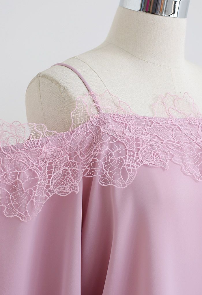 Lacy Edge Cold-Shoulder Satin Top in Pink