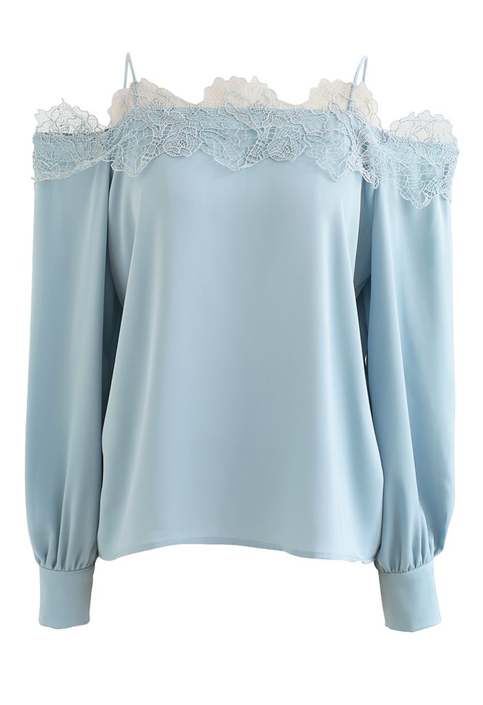 Lacy Edge Cold-Shoulder Satin Top in Blue