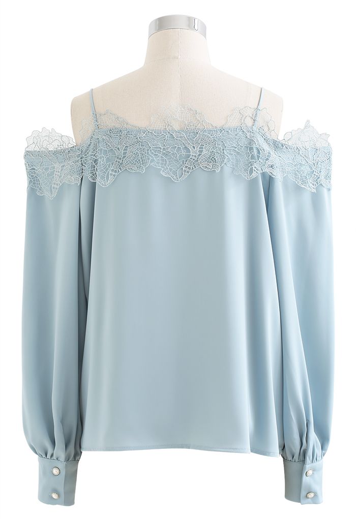Lacy Edge Cold-Shoulder Satin Top in Blue
