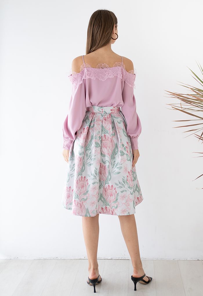 Budding Flowers Pleated Jacquard Midi Skirt