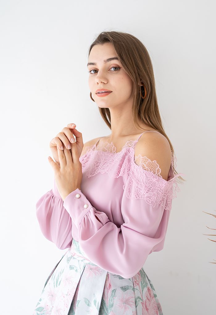 Lacy Edge Cold-Shoulder Satin Top in Pink