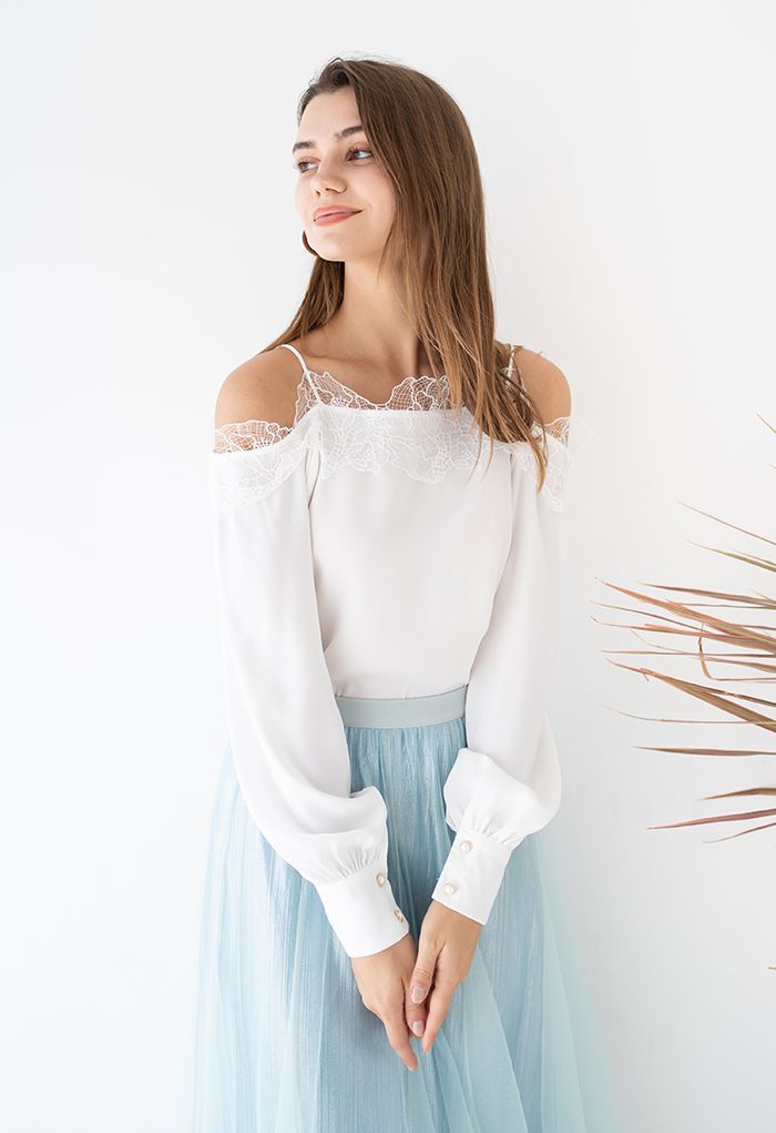 Lacy Edge Cold-Shoulder Satin Top in White