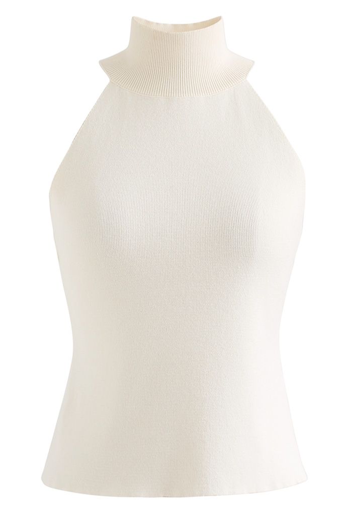 Halter Mock Neck Fitted Knit Tank Top in Cream