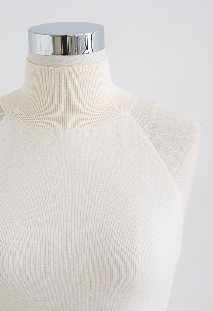 Halter Mock Neck Fitted Knit Tank Top in Cream