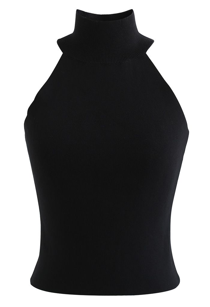 Halter Mock Neck Fitted Knit Tank Top in Black
