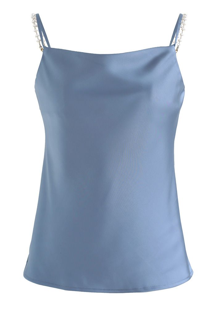 Pebble-Shape Pearl Strap Satin Cami Top in Dusty Blue