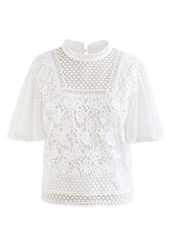 Bliss Flutter Sleeve Full Crochet Top in White - Retro, Indie and ...