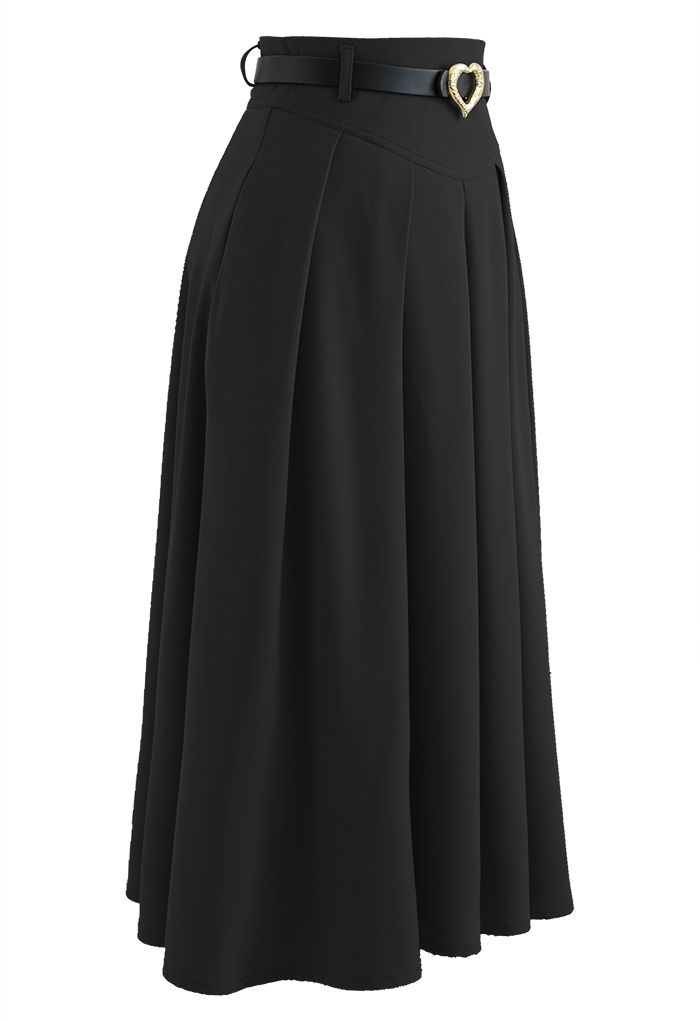 Heart Belt Pleated Pocket Midi Skirt in Black - Retro, Indie and Unique ...
