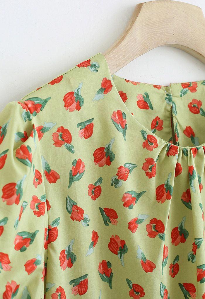 Refreshing Floret Painting Cotton Top in Green