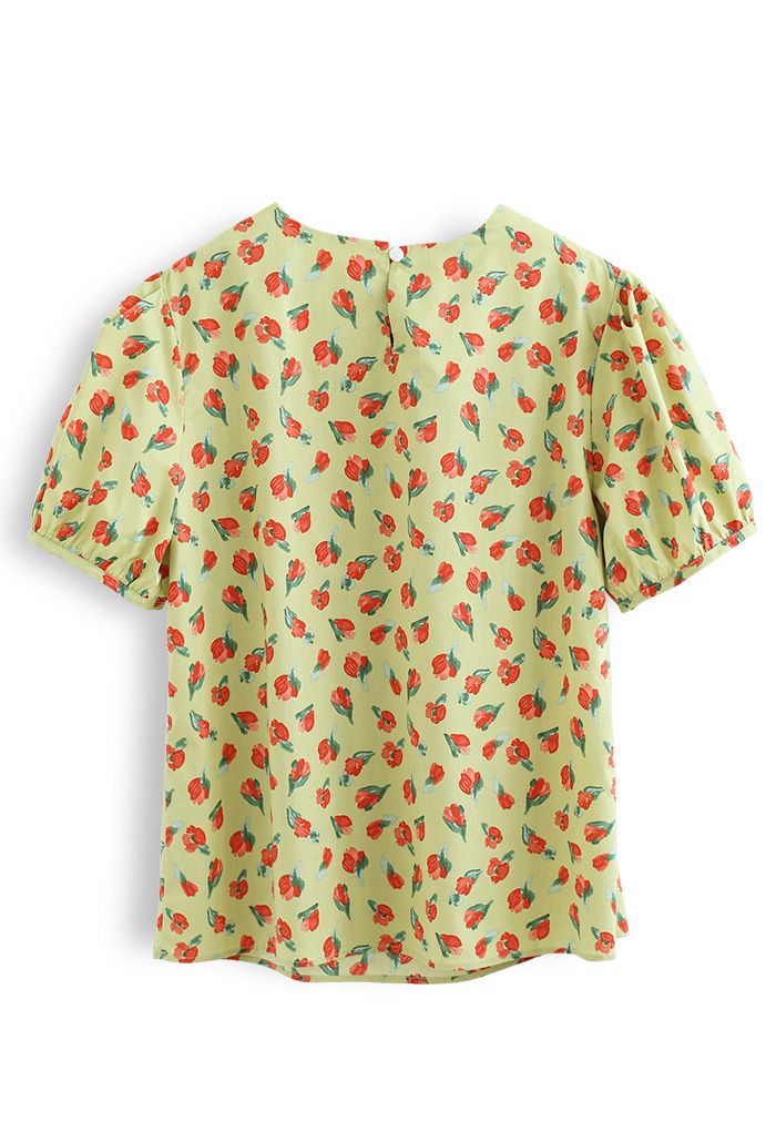 Refreshing Floret Painting Cotton Top in Green