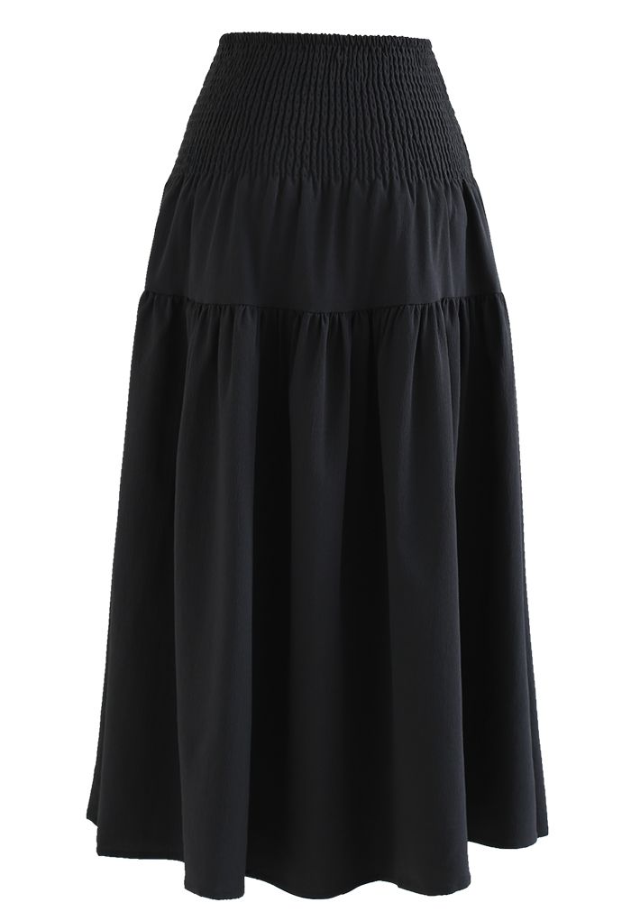 Shirred Waist Textured Black Maxi Skirt - Retro, Indie and Unique Fashion