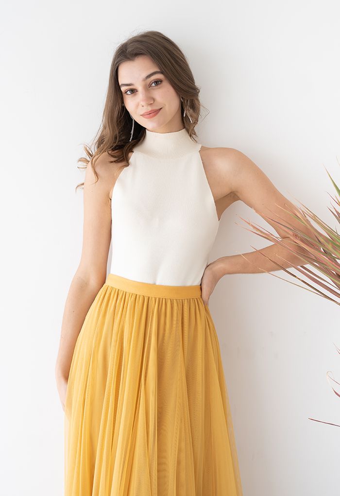 Halter Mock Neck Fitted Knit Tank Top in Cream - Retro, Indie and Unique  Fashion