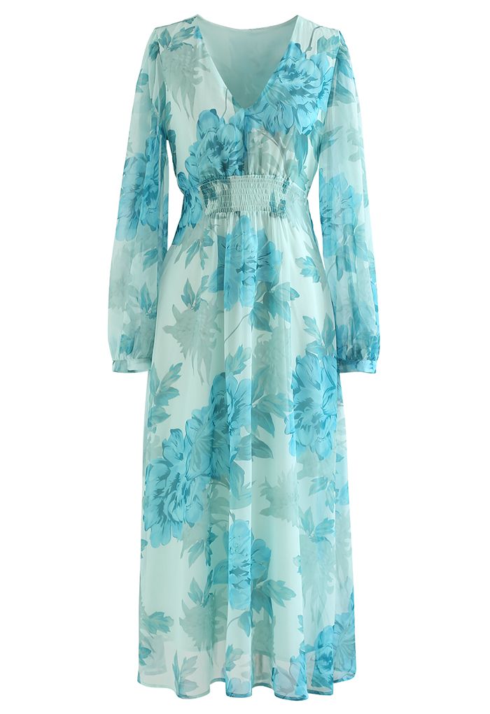 Peony Printed V-Neck Sheer Midi Dress in Turquoise