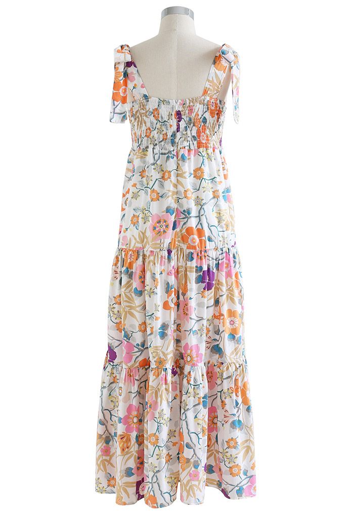 Plum Blossom Printed Tie-Strap Maxi Dress in Ivory - Retro, Indie and ...