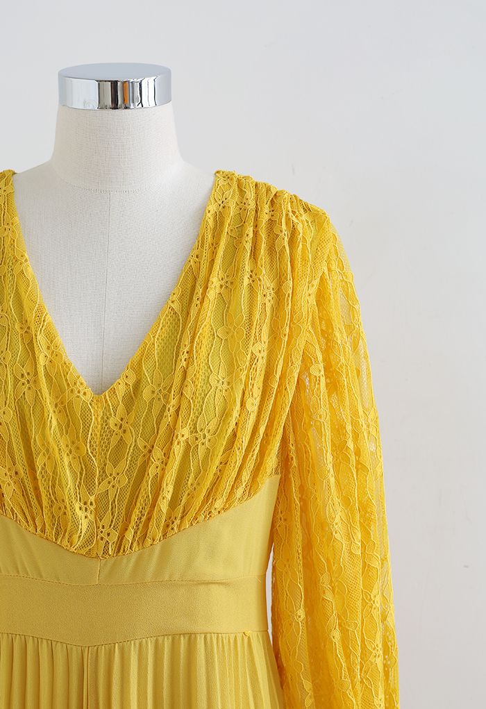 V-Neck Lace Spliced Pleated Maxi Dress in Mustard