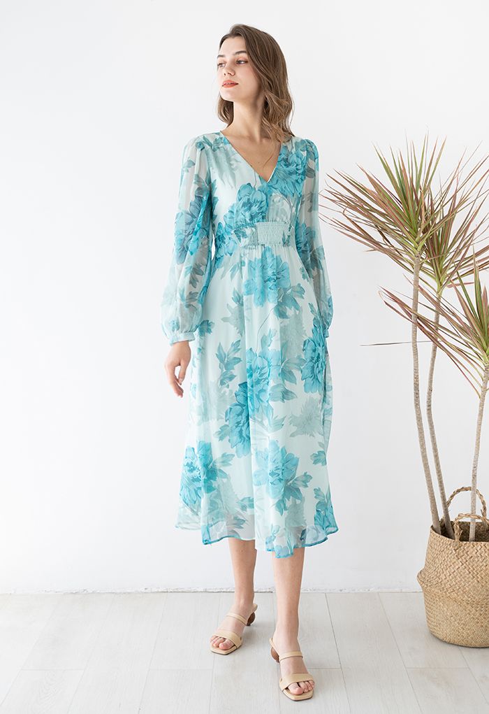 Peony Printed V-Neck Sheer Midi Dress in Turquoise