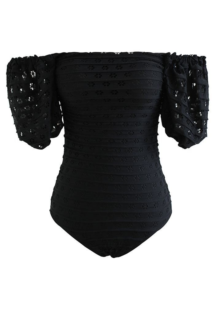 Full Floret Cutwork Off-Shoulder Swimsuit in Black