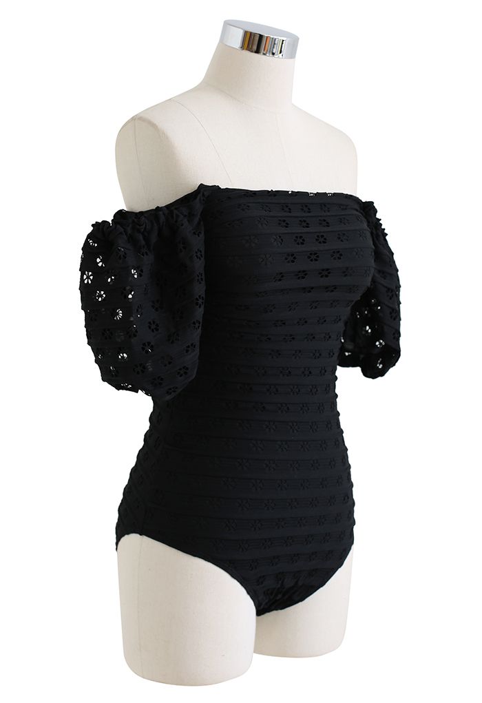 Full Floret Cutwork Off-Shoulder Swimsuit in Black