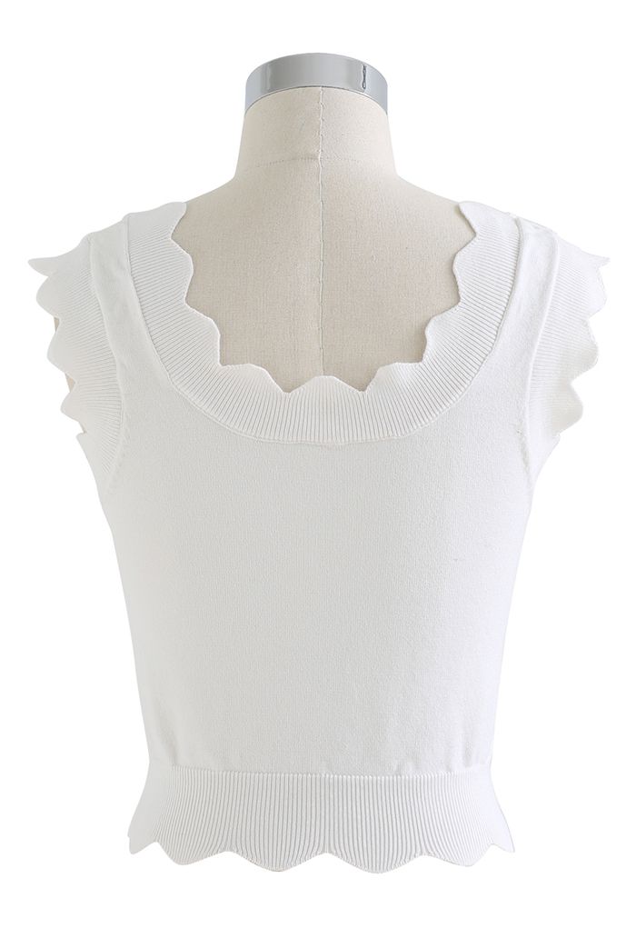 Scalloped Edge Knit Tank Top in White
