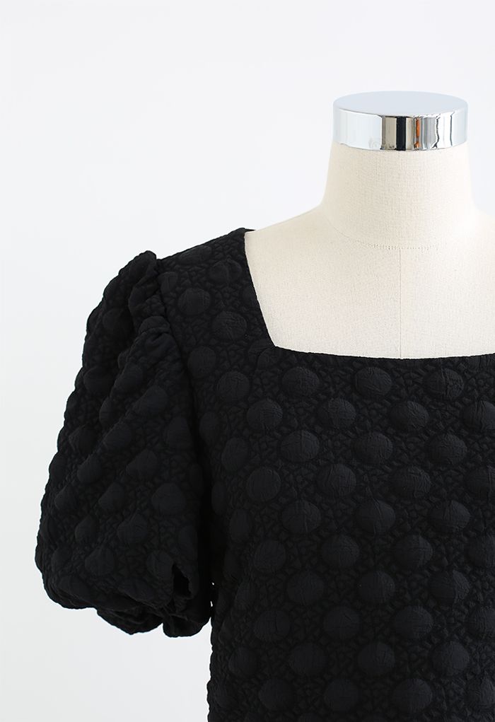 Bubble Embossed Square Neck Cutout Crop Top in Black