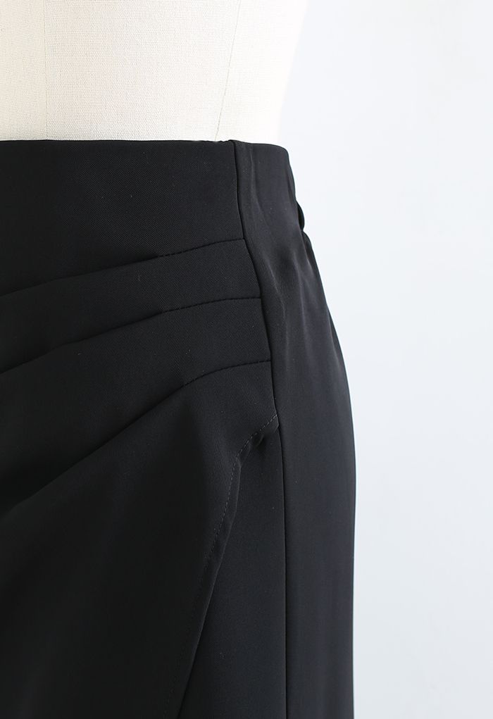 Side Ruched Flap Tulip Midi Skirt in Black