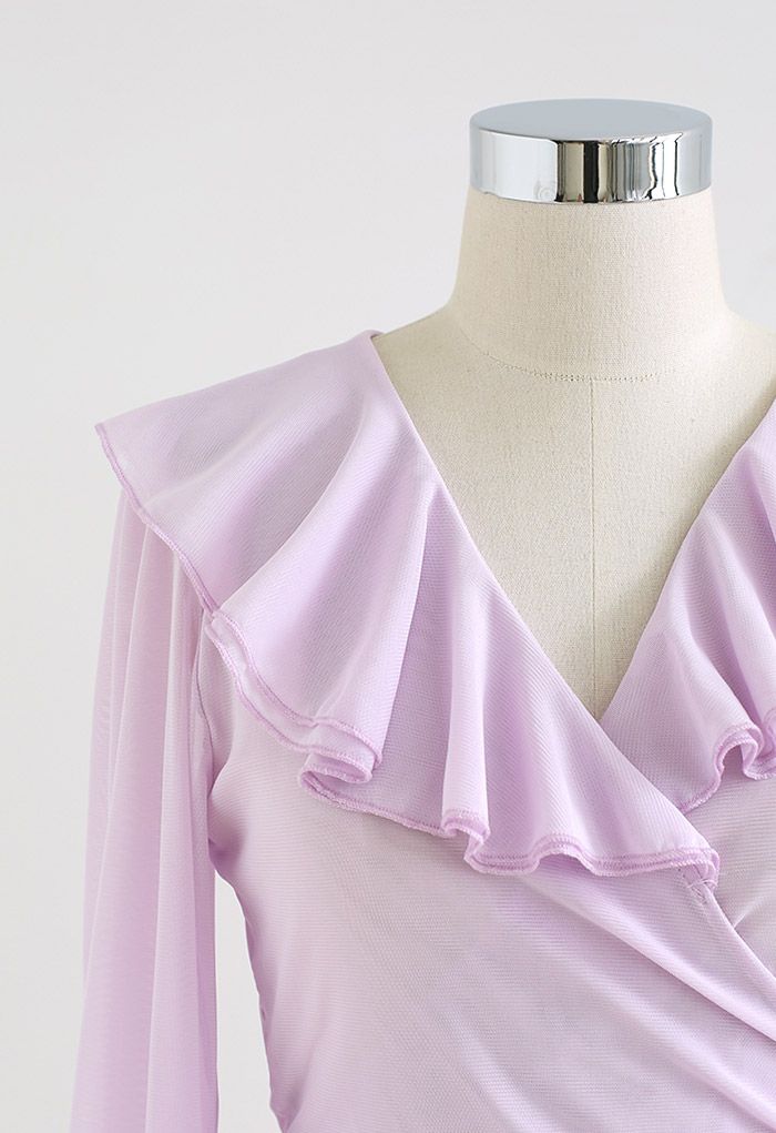Ruffled Collar Tie-Waist Wrap Top in Lilac